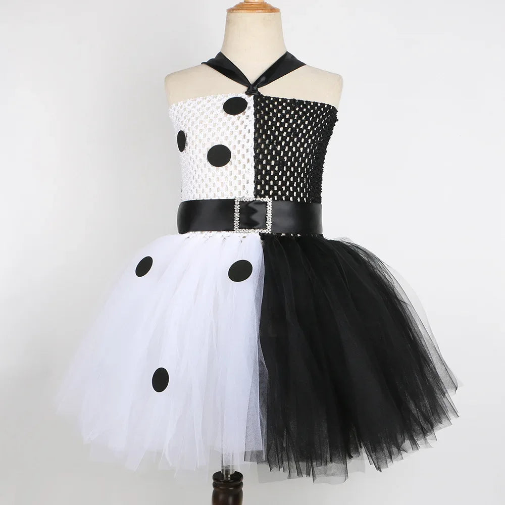 Halloween Crulla Cosplay Costume Cruella Tulle Dress Party Girls Black White Carnival Kids Cruella Wig Lace Mask Suit Clothes