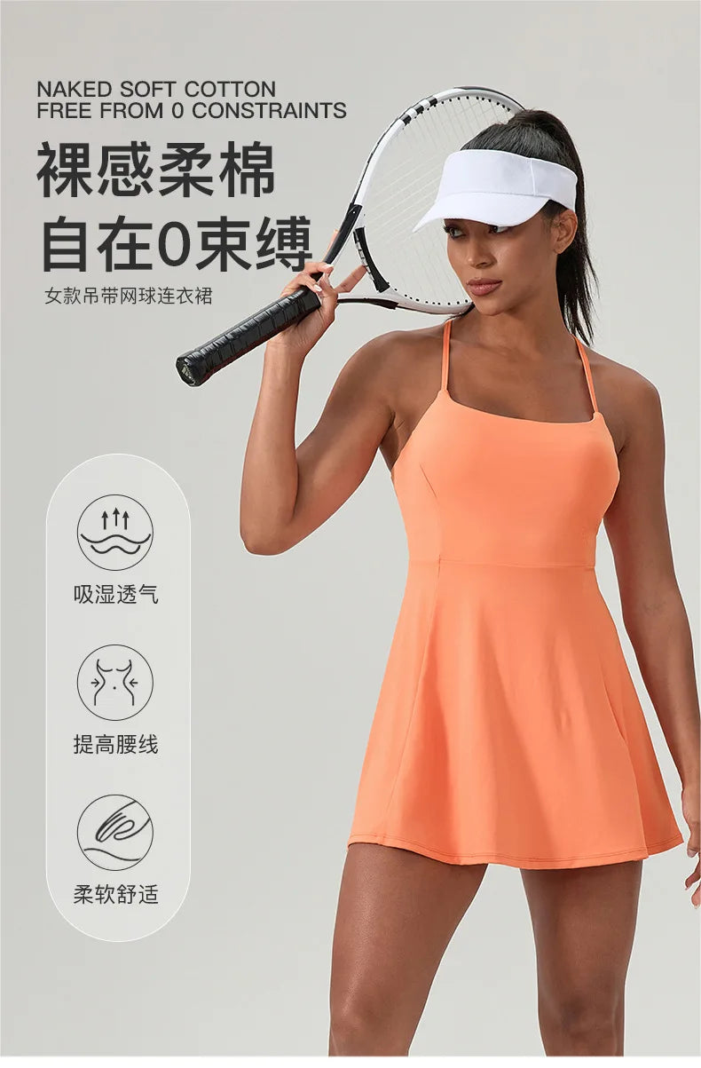 European and American summer fitness one-piece tennis skirt with chest pad women's quick-drying sports dress running skirt 52166