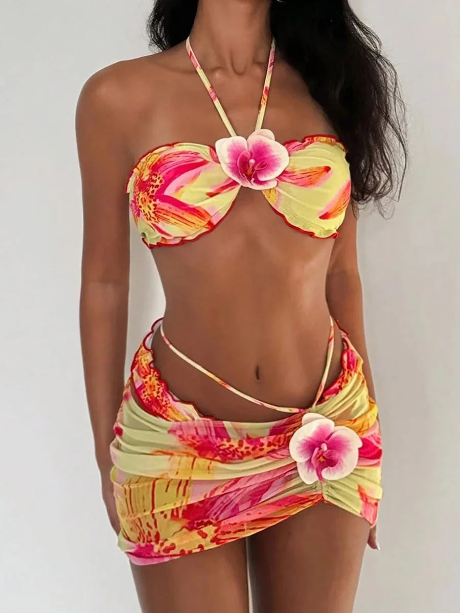 with Mesh Skirt 3D Flowers Halter Bandeau Bikini Women Swimsuit Female Swimwear Three-pieces Bikini Set Bathing Suit Beachwear