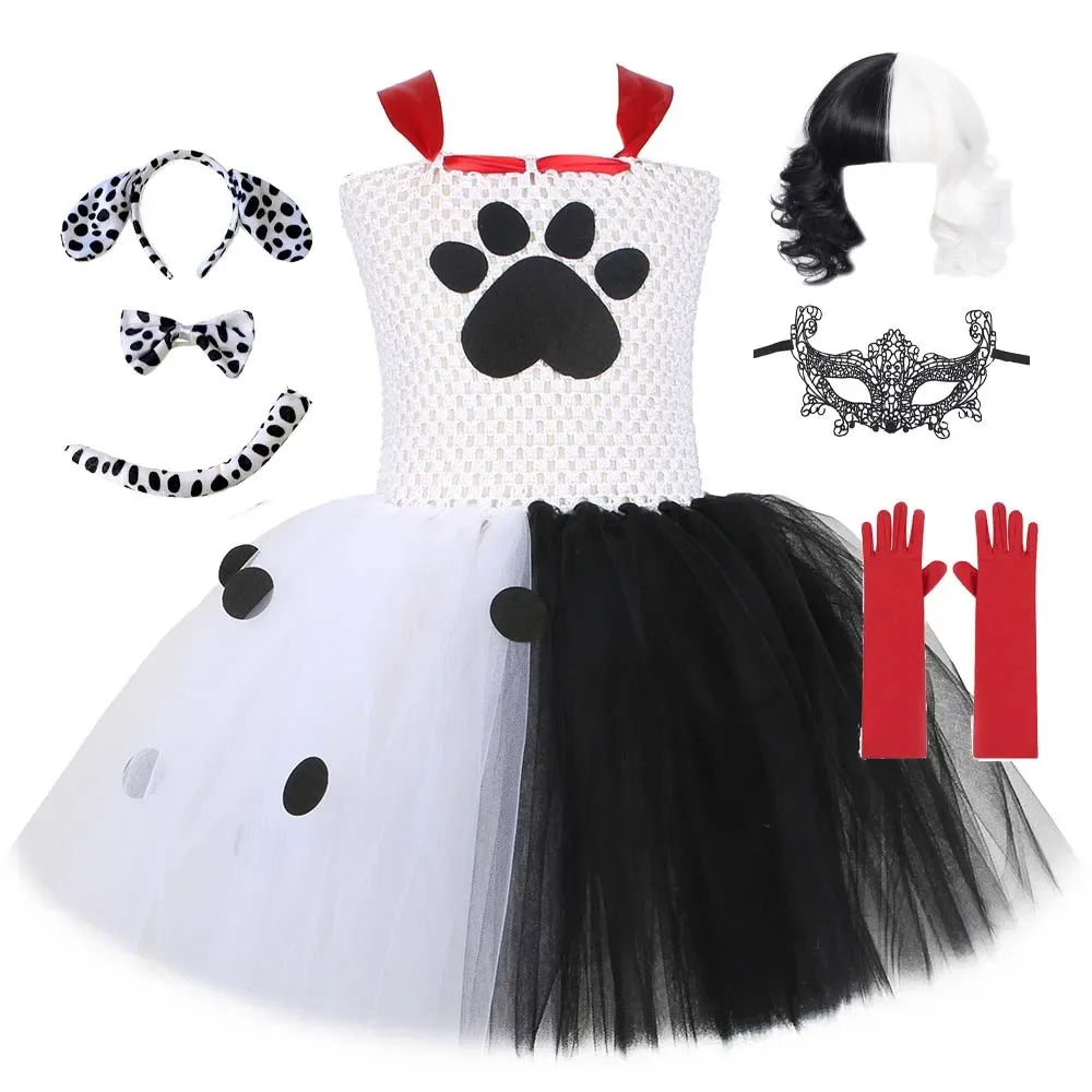 Halloween Crulla Cosplay Costume Cruella Tulle Dress Party Girls Black White Carnival Kids Cruella Wig Lace Mask Suit Clothes