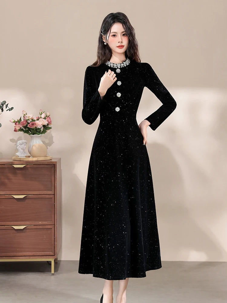 Formal Occasion Black Shiny Slim Long Evening Dress Women Clothes Elegant Luxury Lady Fashion Party Prom Birthday Vestids Retro