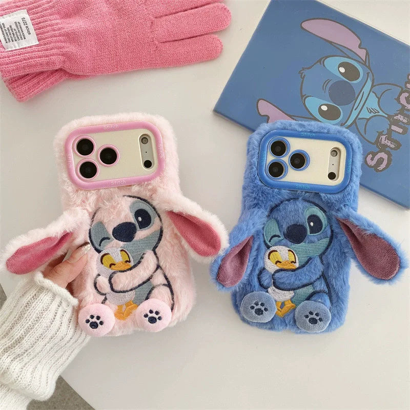 Plush Embroidery Stitch iPhone Case with Stand Furry Ears Cover for iPhone 13 17 Pro Max 16 15 Cute Shockproof Phone Accessories