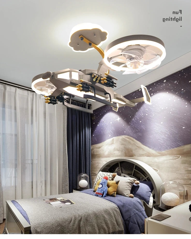 Kids Plane Ceiling Fan With Lights For Bedroom Study Kindergarten Children's Room Decoration Led Lighting Lustre Chandelier Lamp