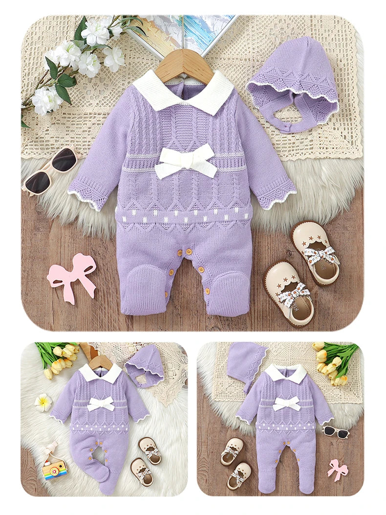 Soft Autumn Winter Baby Girls Rompers + Hat Outfits Multi-colors Available 0-9M Knitted Acrylic Newborn Baby Bodysuit Jumpsuit