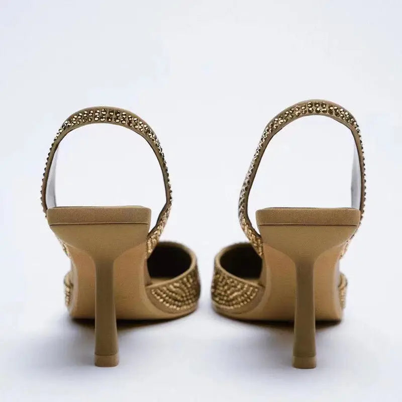 Gold Women Heels Sandals 2024 Summer Crystal Pointed Toe Female Stiletto African Party Rhinestone Shallow Slip on Heel Shoes