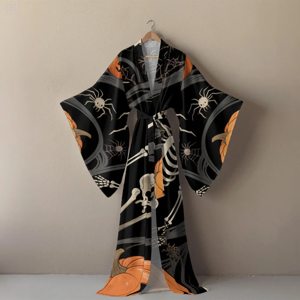 Halloween Cosplay Women's Sexy V-Neck Robe with Abstract Ghost Print - Long Sleeve Party Costume Unique Vampire Witch Long Robe