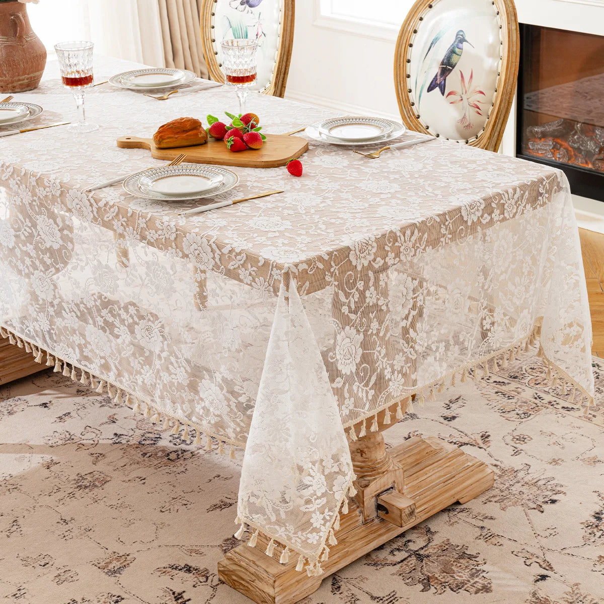 French Rose Lace Tablecloth, Rectangular Dining Tablecloth, Home Coffee Table Wedding Decoration Cover,