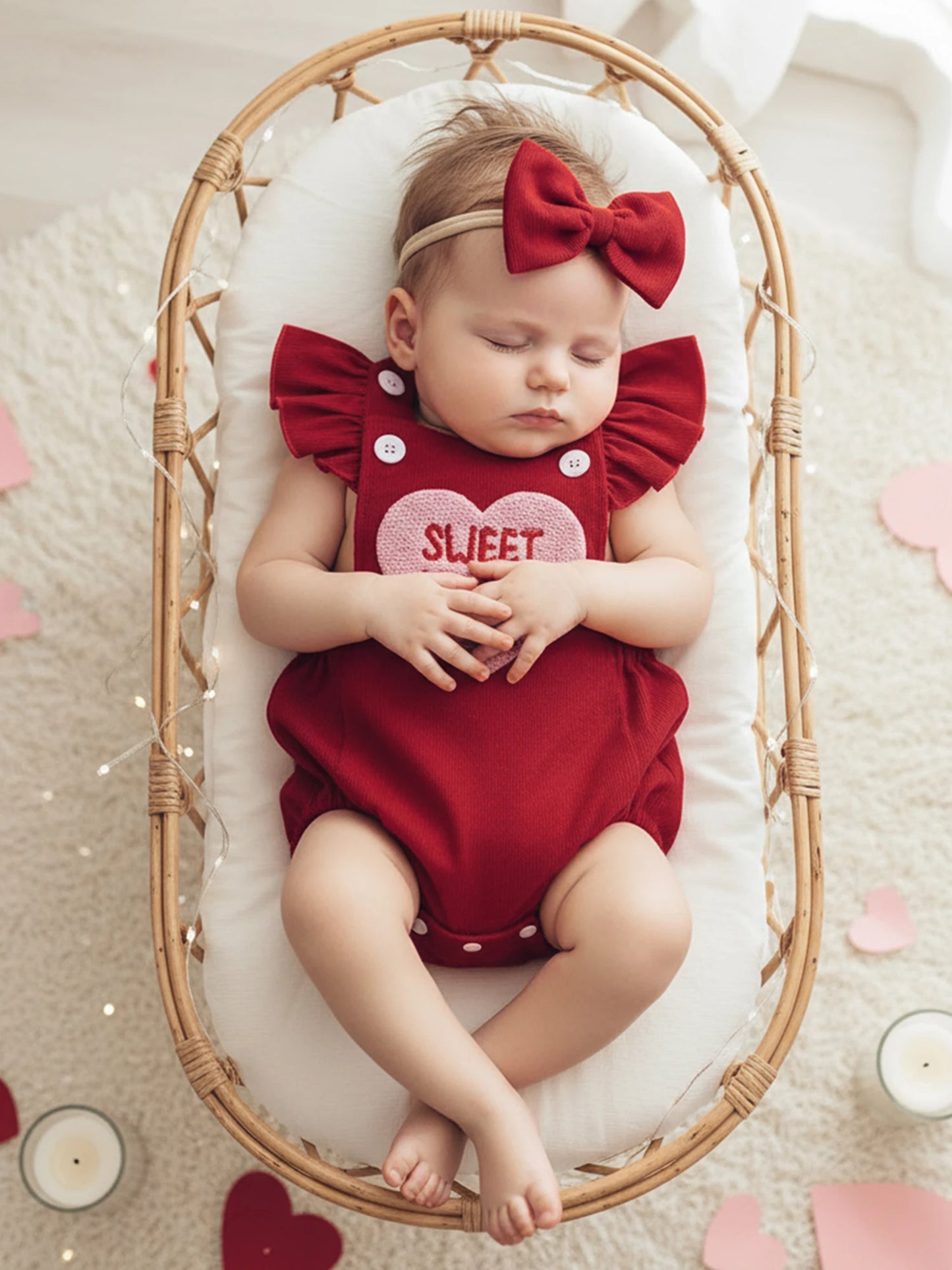 Baby Girl Valentines Outfit Letter Love Heart Embroidered Ruffled Trim Flying Sleeve Romper and Bow Headband 2 Pcs Set