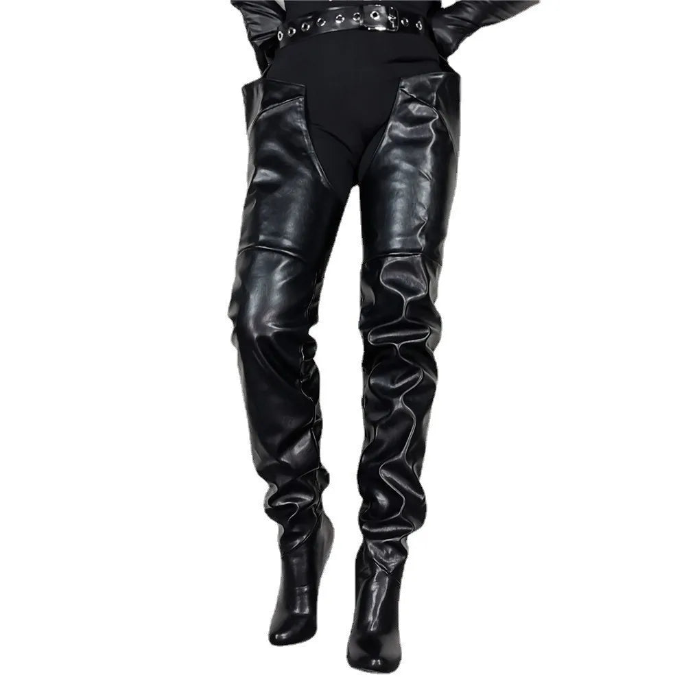 Plus Size 45 47 Crotch Shoes Women Black High Heels Thigh High Booties Wide Top Sexy Extreme Long Pleated Leather Boots