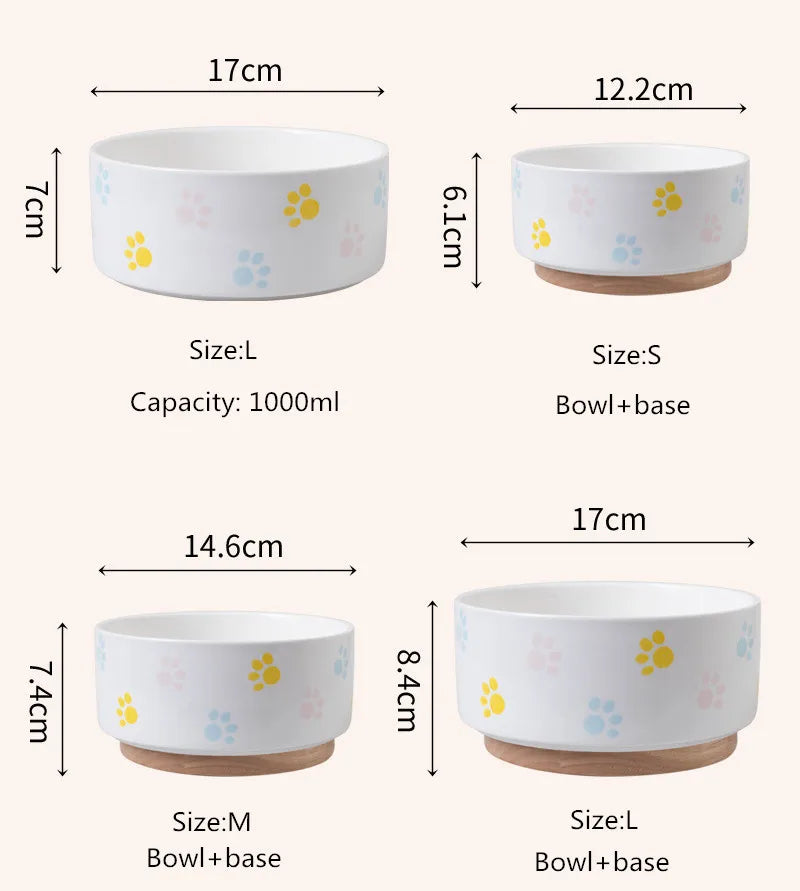 Ceramics Dog Bowl with Wood Mat Wide Mouth Feeding Bowls Food and Water Pet Feeder for Cat Puppy Protecting Cervical Spine
