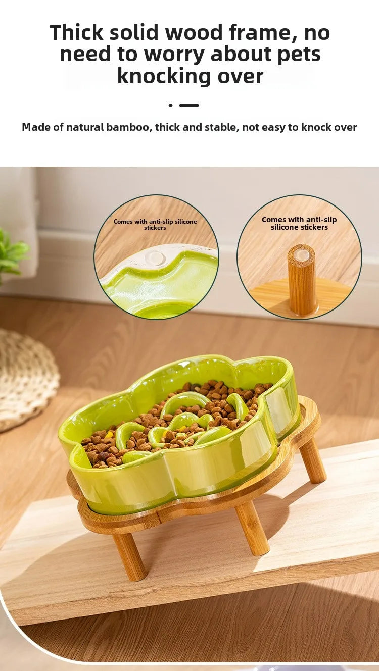 Ceramic Dog Slow Food Bowl Anti-choking Medium and Large Dog Food Basin Cat Bowl with Wooden Frame Pet Feeding Supplies With