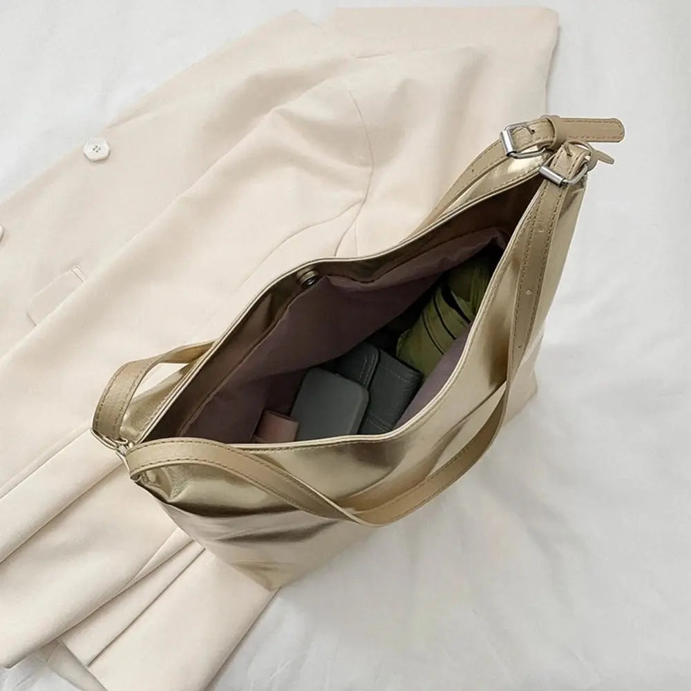 PU Top-Handle Handbag Luxury Designer Bag for Women Fashion Shopping Bag High Capacity Silver Gold Casual Leather Tote Bag