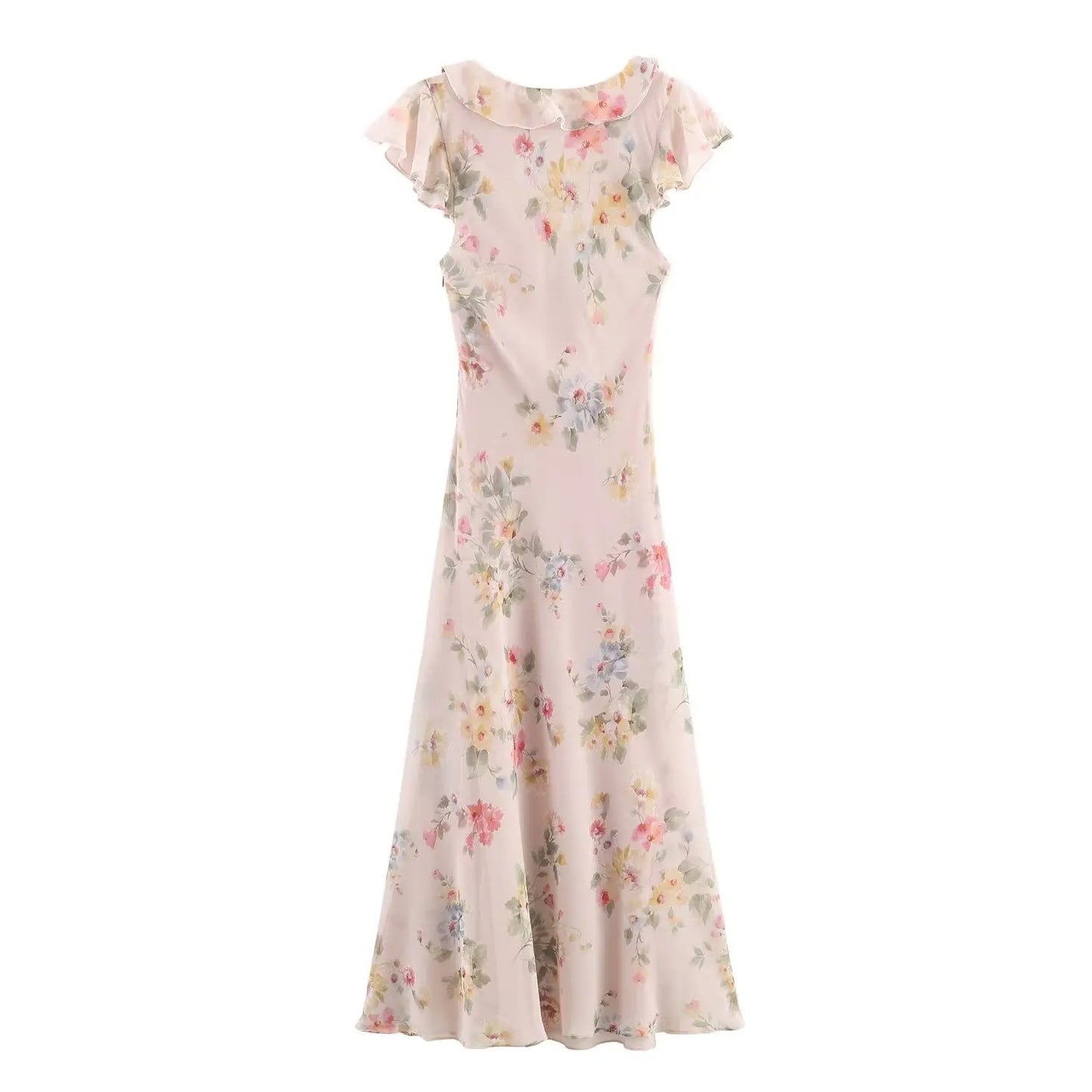 Floral Print V-Neck Midi Dress Women's Autumn New Style Layered Decorations Flower A- Line Skirt Polyester Comfortable Dress