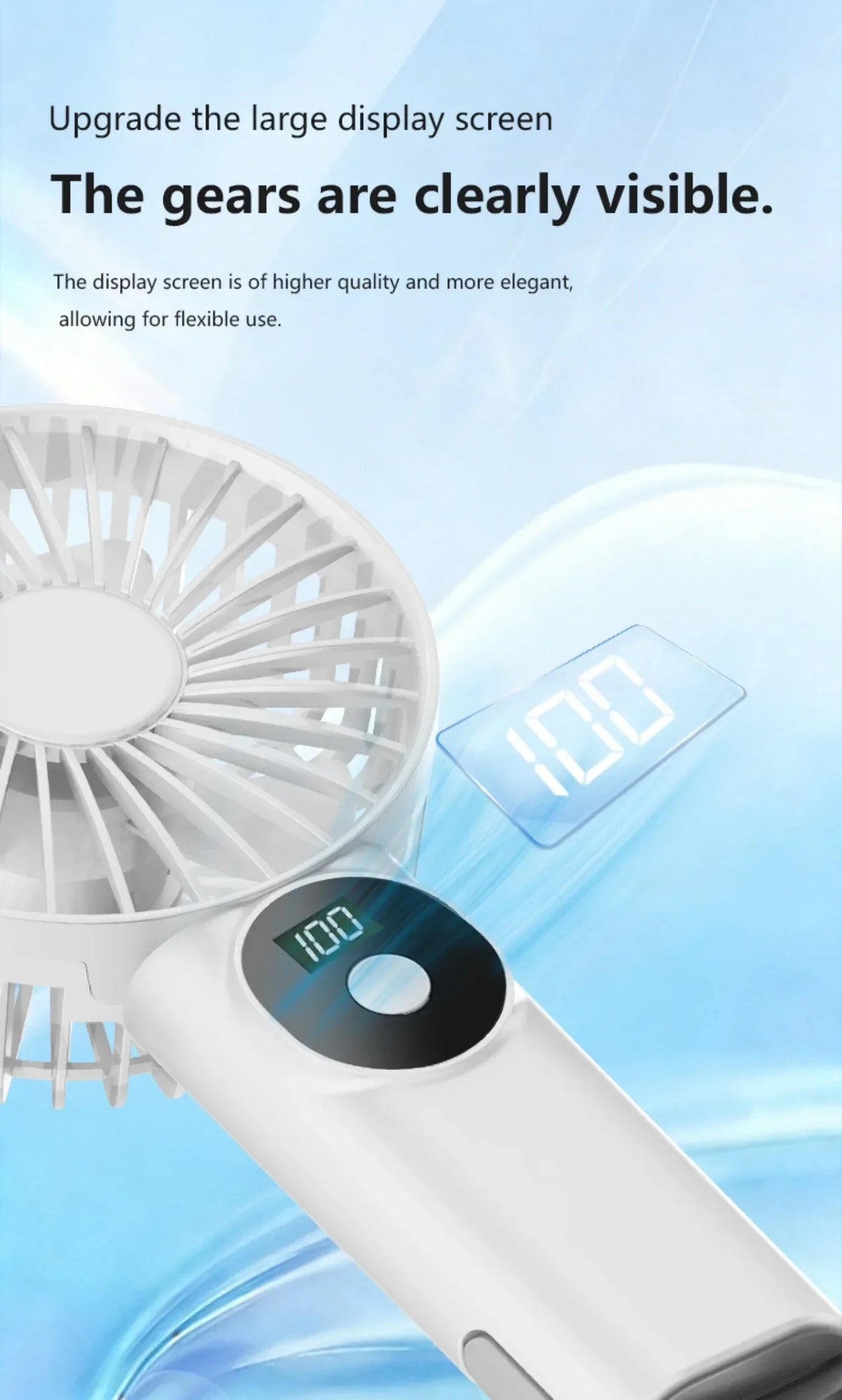 5 Levels Air Cooling Fan with Buckle Portable Handheld Fan LED Screen Outdoor for Home Office Outdoor USB-C Rechargeable Fans