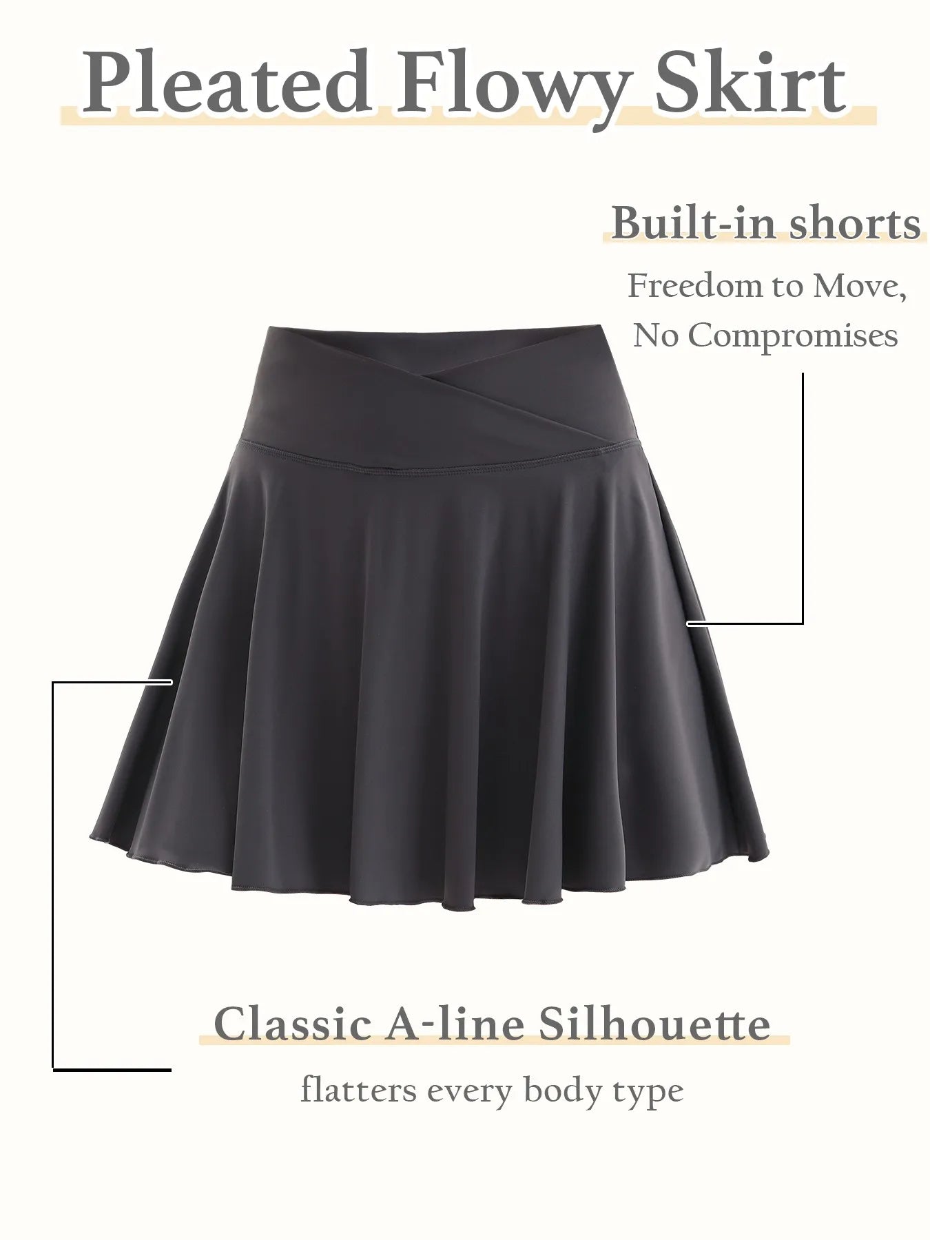 Cross Waist Tennis Skirt with Anti-Slip Shorts & Pockets, High Elastic A-Line Flared Skirt, Breathable Summer Sportswear