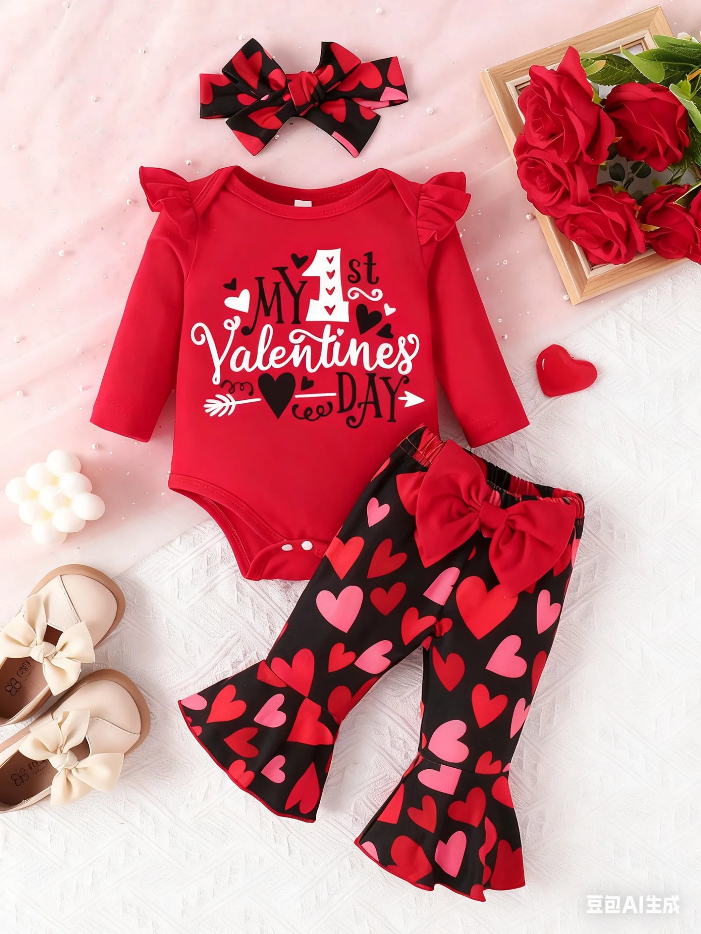 Baby Girl Valentine's Day Red Bodysuit & Heart Print Flared Pants + Headband Set