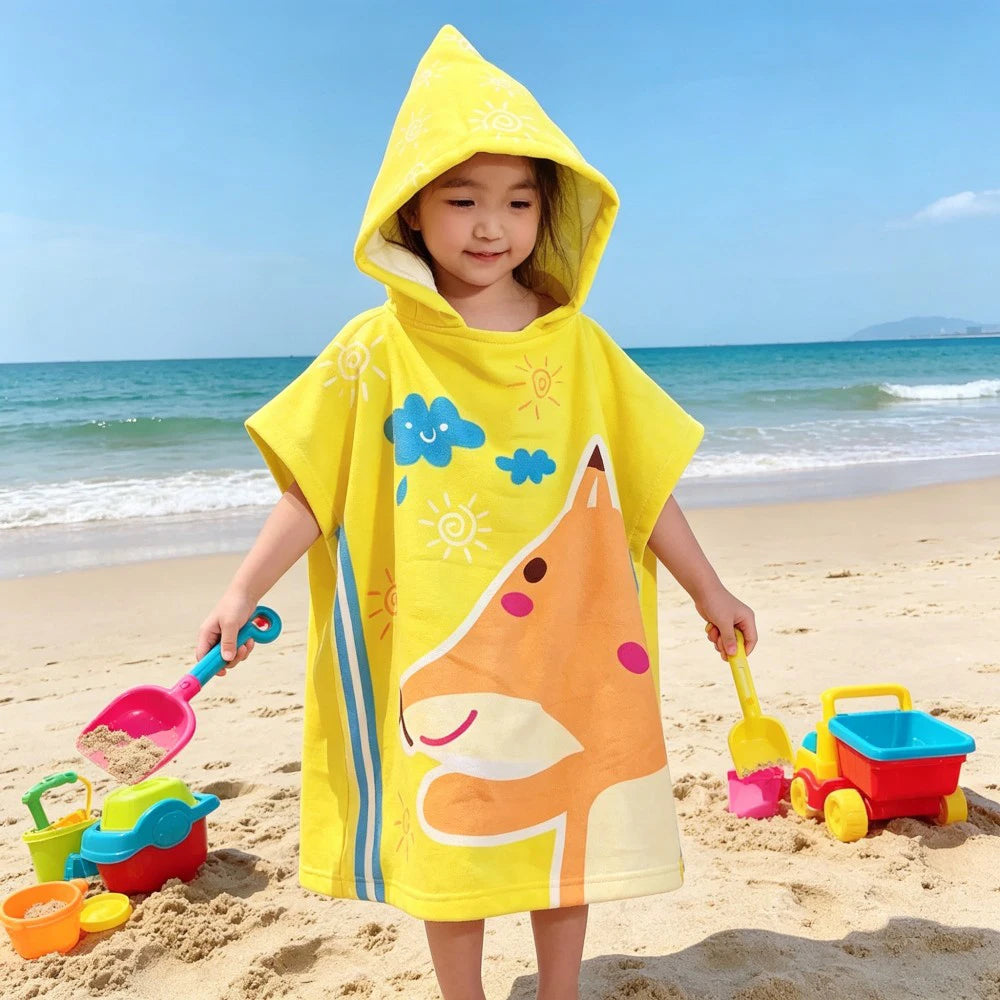 60-120cm Kids Hooded Bath Beach Poncho Towels Baby Quick Dry Bathrobe Child Cartoon Cloak Poncho Towels Microfiber Swim Cover-up
