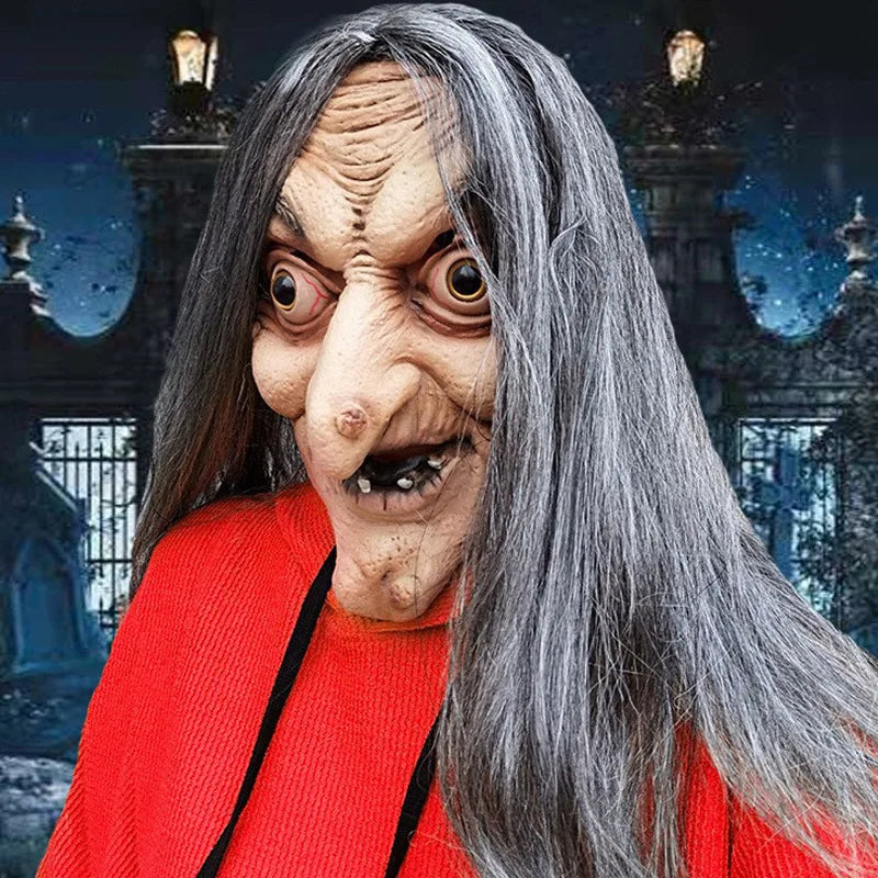 Halloween Old Witch Latex Mask with Long Hair Scary Ghost Face Costume for Party Cosplay & Roleplay