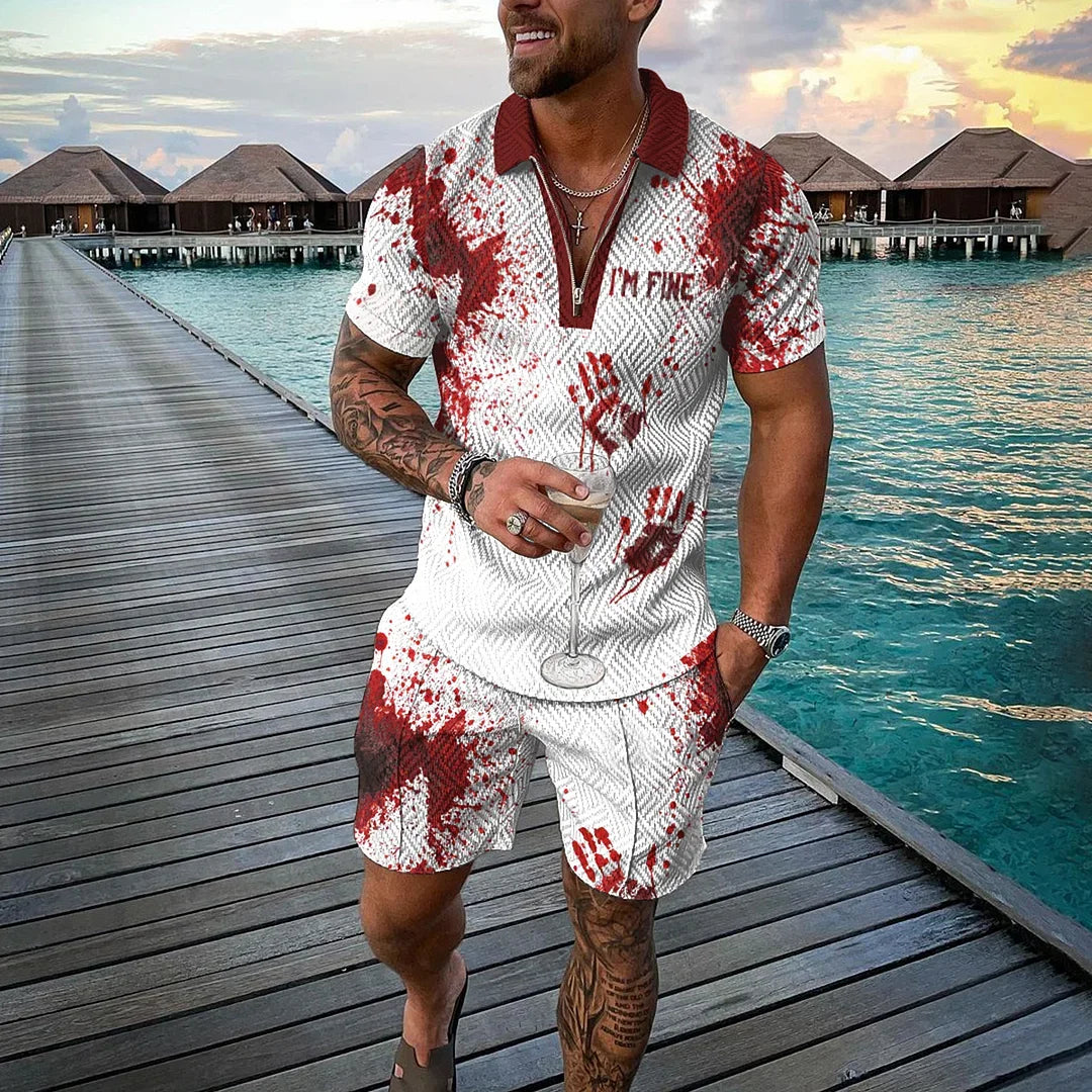 Men Tracksuit Summer New 3D Printed Beach Zipper Polo Shirts Shorts 2 Pcs Sets Boho Geometric Style Holiday Clothing Ropa Hombre
