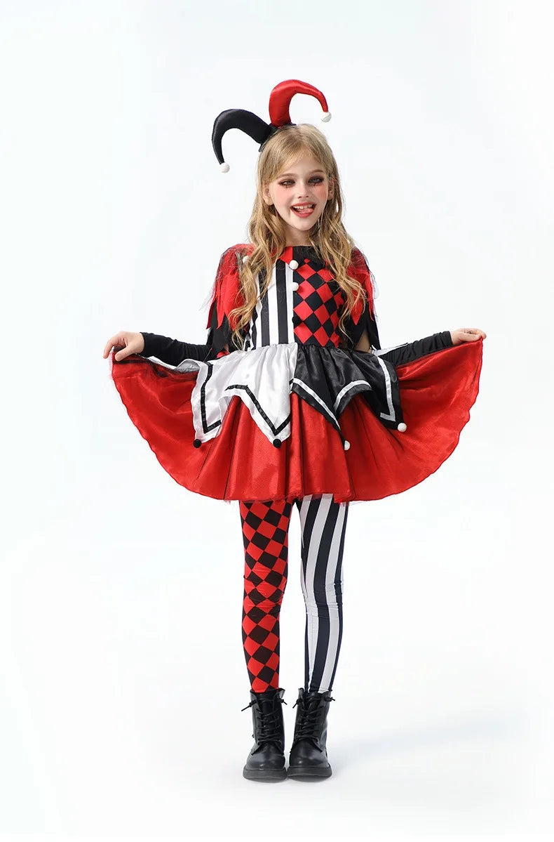 Halloween Cosplay Costumes Horror Clown Dresses Pants Headwear Clothes Sets Carnival Theme Party Role Playing Outfits for Girls