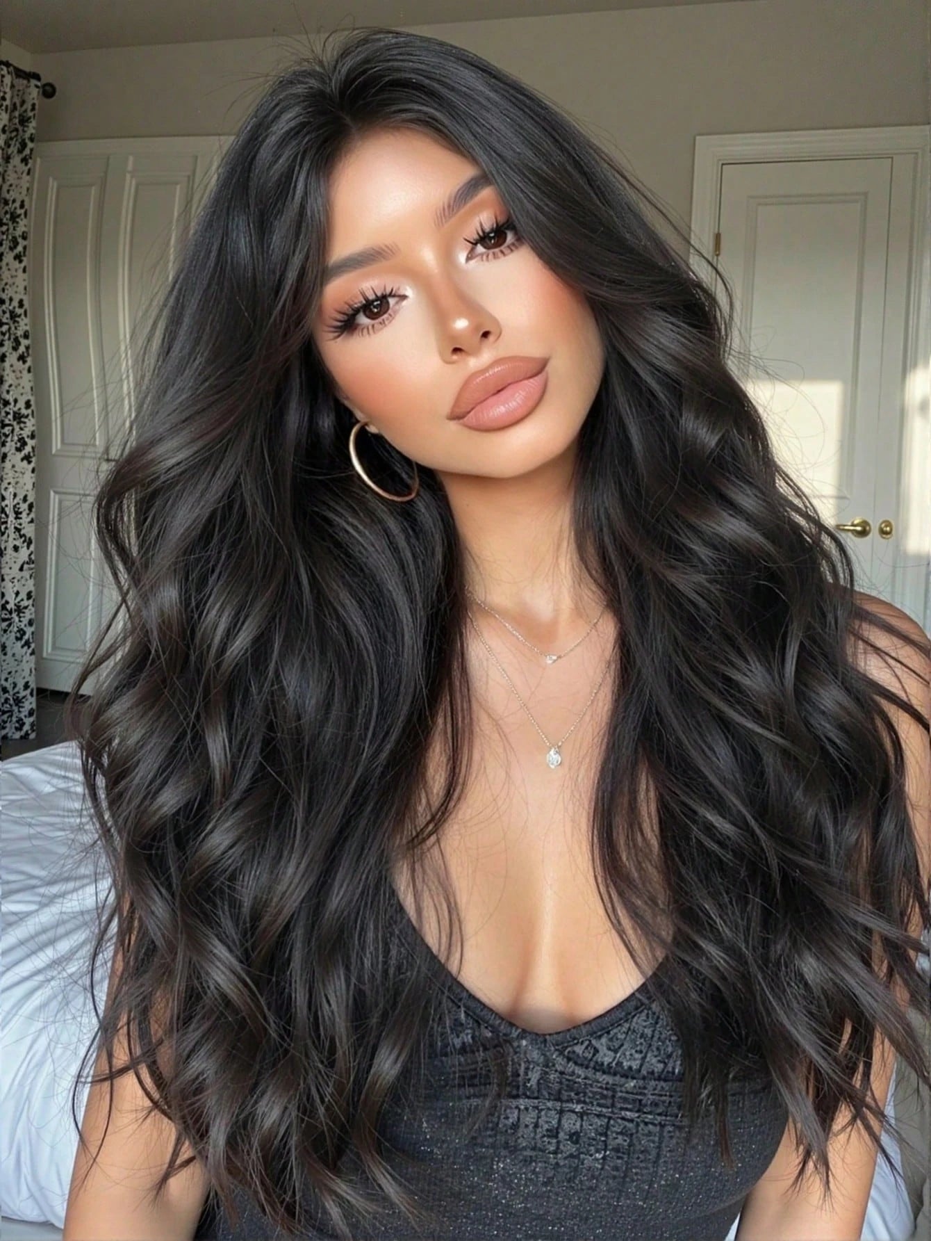 Long Wavy Women's Wig with Bangs, Black Wig, Curtain-Style Bangs Wig, Layered, 24inch Inches Long, Black Curly Wig, Exclusively for Women, Natural-Looking Synthetic Wig, Suitable for Daily Use, Parties, and Cosplay
