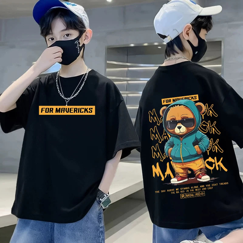 Summer 100% Cotton Boys Blue T-shirt Cool Graffiti Printed Girls Tees Short Sleeve Children Tops High Quality Kids Clothes 2024