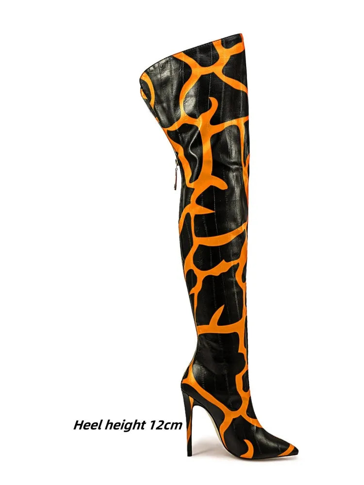 2024 Women's Euro-American Zebra Print Over-the-Knee Boots - Paneled Pointed-Toe Back-Zipper Stiletto, Plus Size Fashion Chic