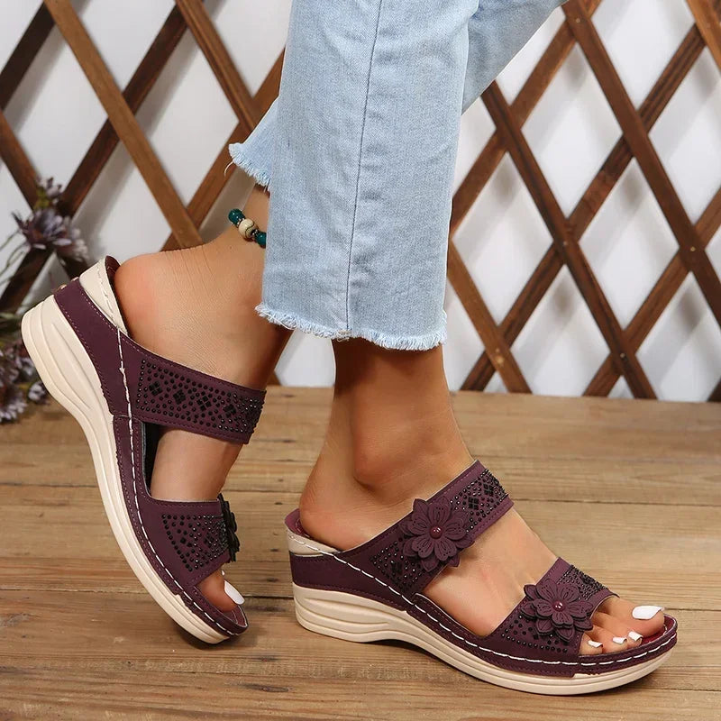 2024 Summer Women Slippers Plus Size Women's Shoes Retro Roman Sandals Women Pu Casual Flower Wedge Sandals Platform Slippers