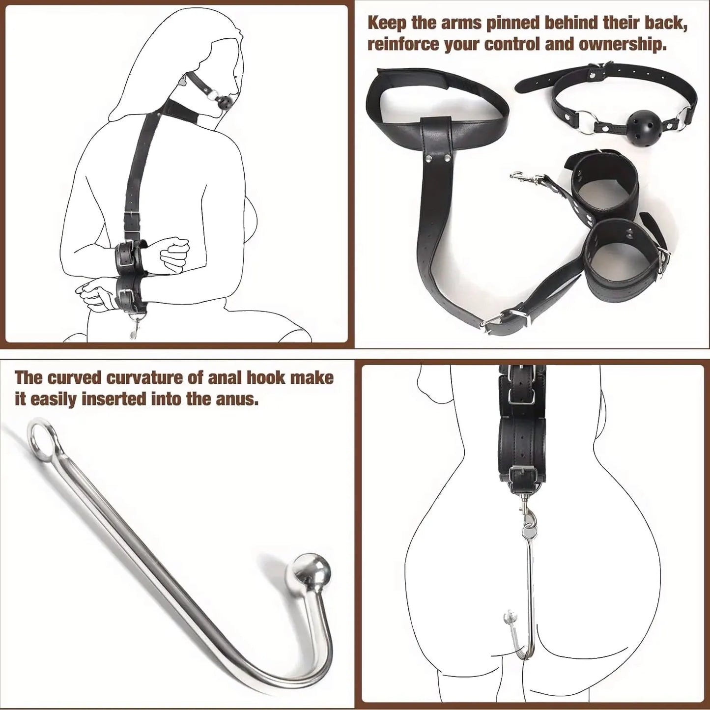 BDSM Bondage Kit Anal Hook, Neck to Wrist Behind Back Handcuffs Collar with Anal Trainer & Ball Gag, Bed Restraints SM Games Too