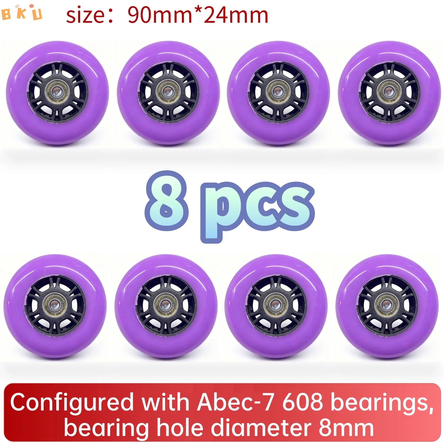 8pcs Universal 90mm PU Wheels for Inline Skates Luggage Stroller with ABEC-7 608 Bearings 12 Color Variants 8mm Inner Hole