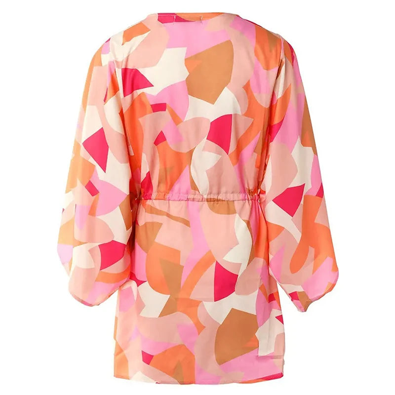 Women Casual Loose Dress Beach Boho Dress Fashion Vintage Print V Neck Drawstring Mini Dress Summer Dresses Robe Femme 2022