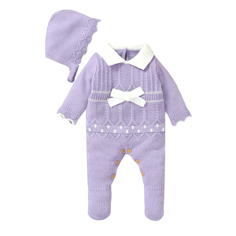 Soft Autumn Winter Baby Girls Rompers + Hat Outfits Multi-colors Available 0-9M Knitted Acrylic Newborn Baby Bodysuit Jumpsuit