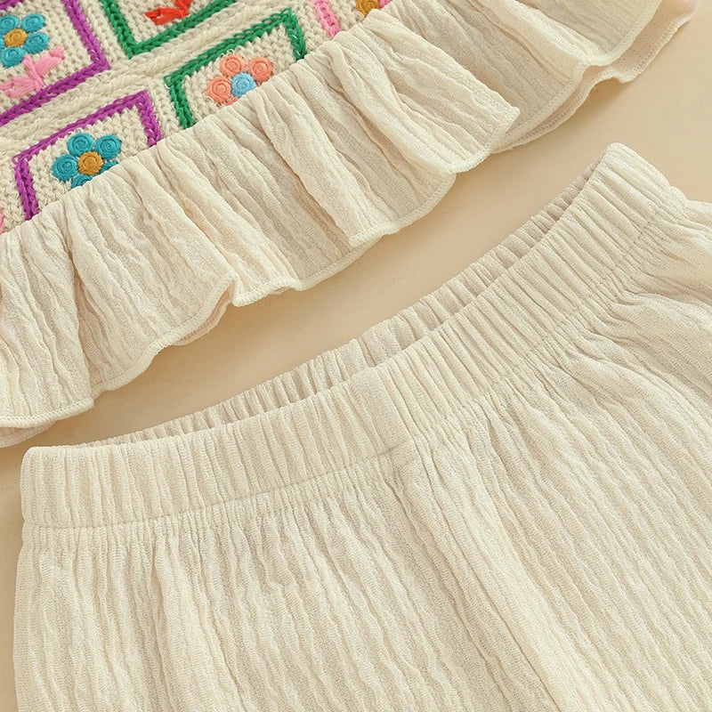 Toddler Girl Crochet Outfit Crochet Floral Crop Top Sleeveless Camisole Ruffle Top and Pant Set Baby Summer Clothes