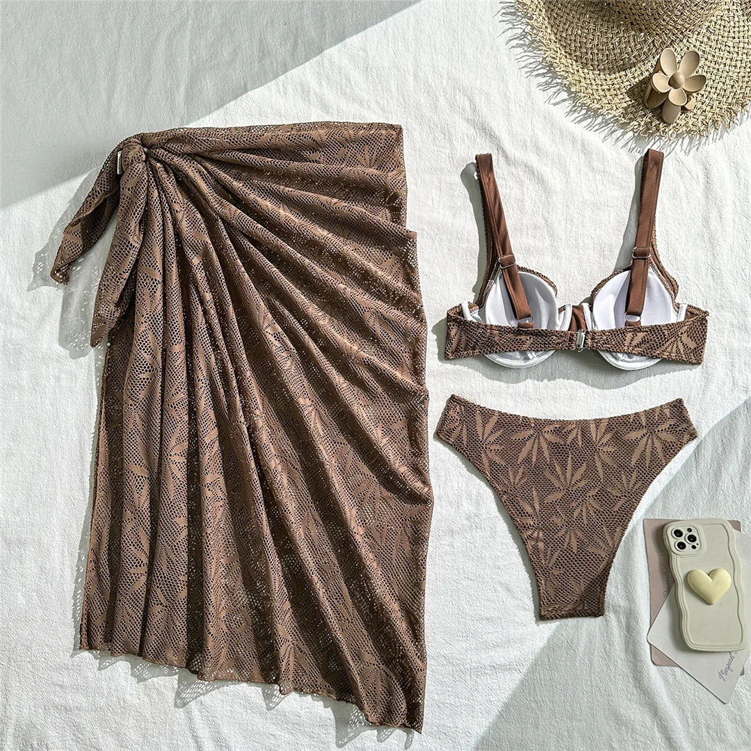 With Sarong Underwired Bikini Female Swimsuit Women Swimwear Three-Pieces Bikini Set Brazilian Bather Bathing Suit Swim V7936