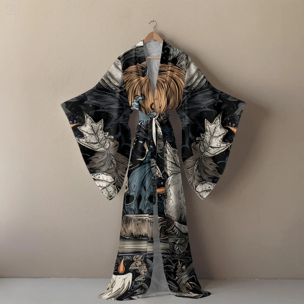 Halloween Cosplay Women's Sexy V-Neck Robe with Abstract Ghost Print - Long Sleeve Party Costume Unique Vampire Witch Long Robe
