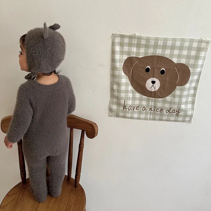 Newborn Baby Mink Fur Romper with Hood Cute Bear Animal Ear Footed Onesie Winter Warm Jumpsuit for 0-2 Years