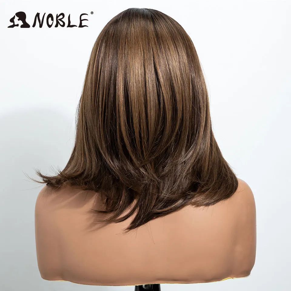 Noble 13x4 Synthetic Lace Front Wigs For Women Short Bob Wig With Bangs Pre Plucked Hairline Heat Resistan Ombre Blonde Lace Wig