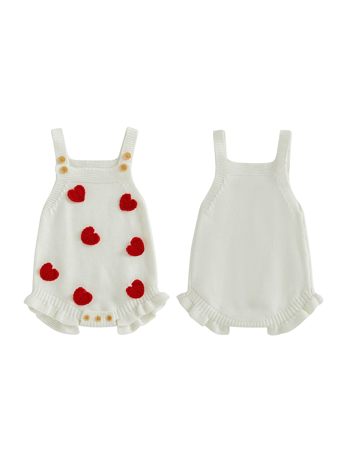 Baby Girl Valentine’s Day Romper Sleeveless Square Neck Heart Bodysuit Newborn Knit Overalls