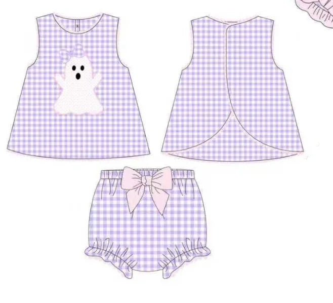 Halloween New Cartoon Print Girls' Pink Short-Sleeve Top and Purple Plaid Shorts Boys' Blue Series Boutique Set and Romper