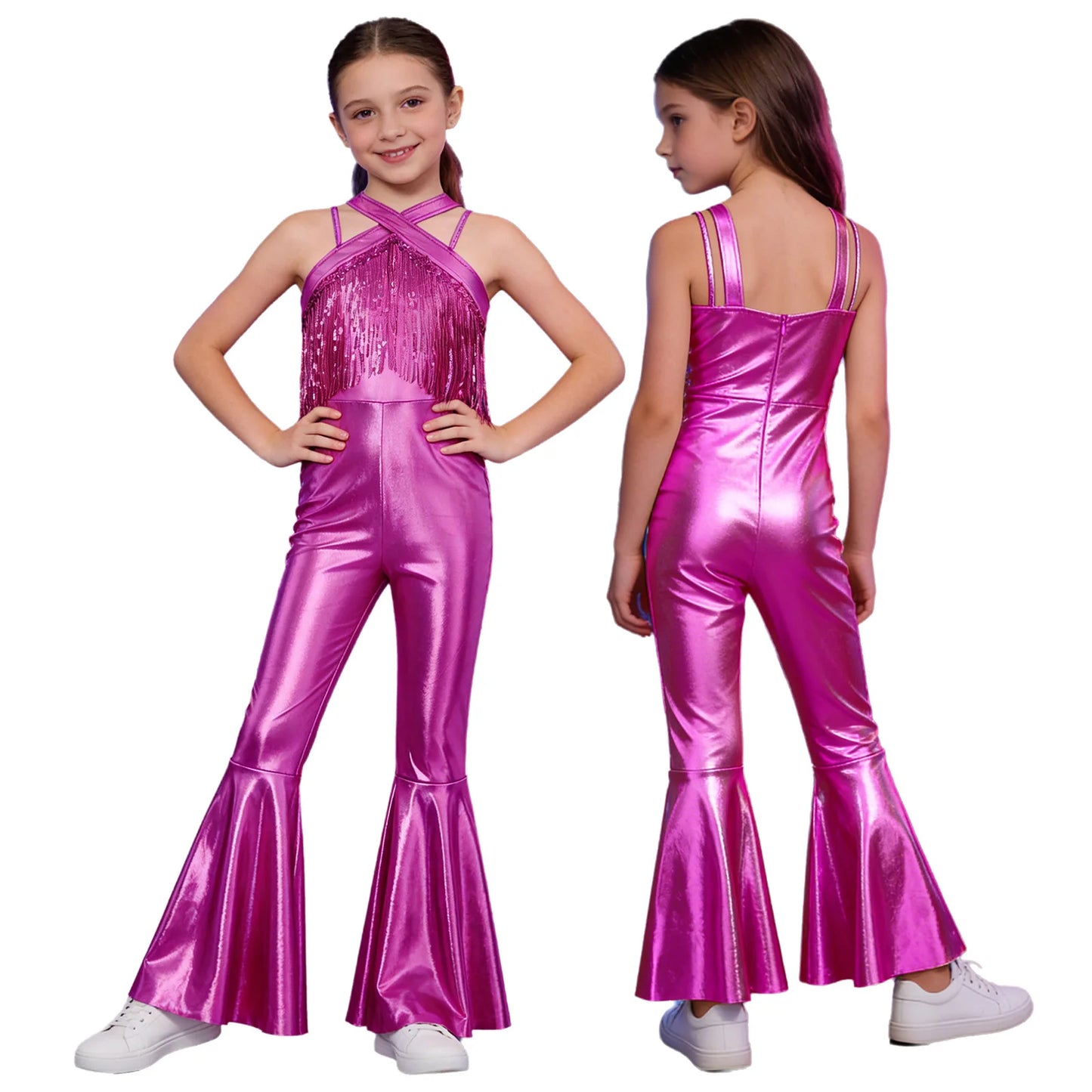 Kids Girls Hippie Halloween Costume Tassels Unitard Bell-bottom Long Pants Bodysuit Jumpsuit Disco Dance 60s 70s Rave Party Wear