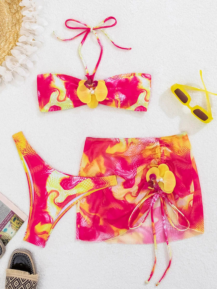 with Mesh Skirt 3D Flowers Halter Bandeau Bikini Women Swimsuit Female Swimwear Three-pieces Bikini Set Bathing Suit Beachwear