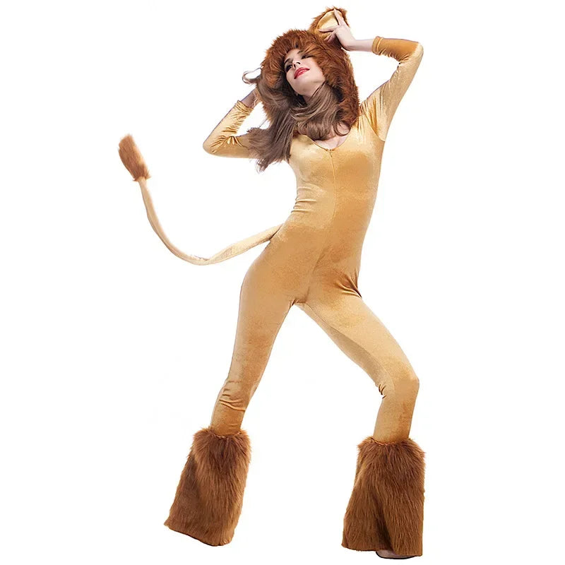 Halloween Costume For Adult Women Lion King Cosplay Animal Cartoon Lion Plush Hooded Jumpsuit With Tail+Leg Cover