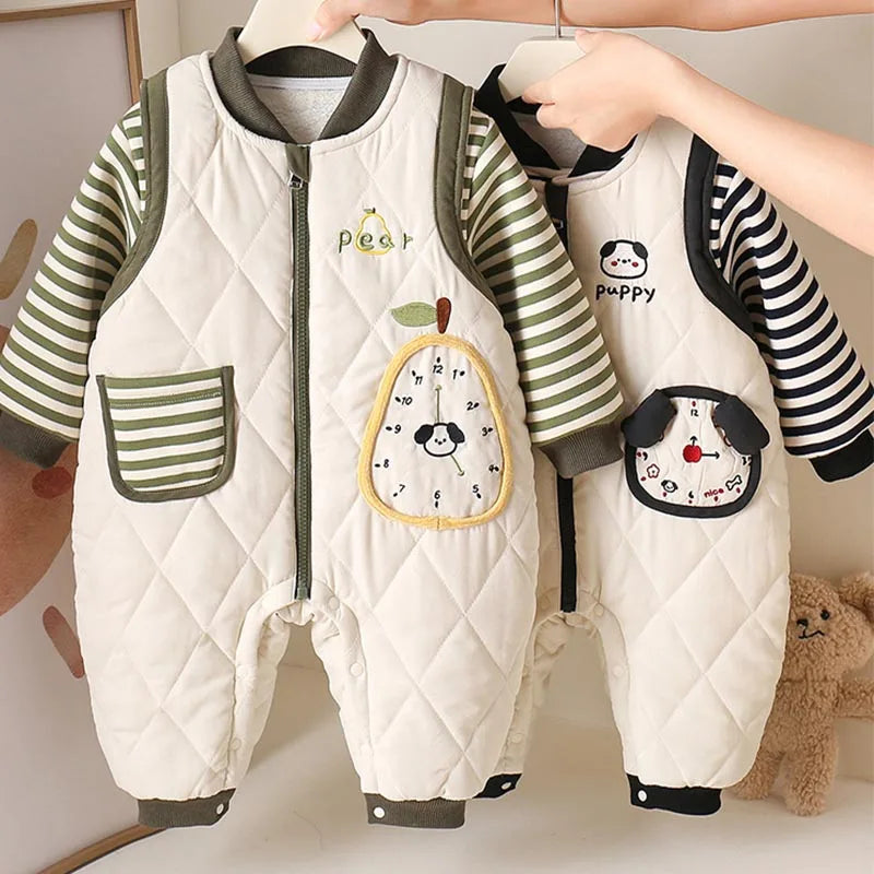 Baby Toddler Fall/Winter Clothing Newborn Thickened Separate Set Baby Boy Striped Sweatshirt Super Cute Quilted Overalls