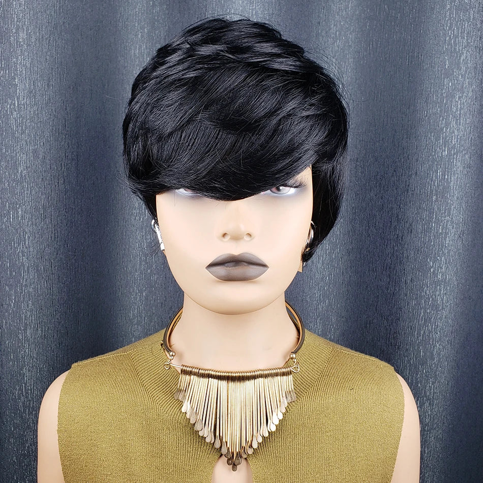 Pixie Cut Straight Black Human Hair Short Bob Wig Cheap Remy Human Hair For Black Women Full Machine Made Wig For Daily Use