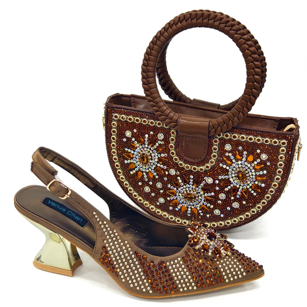 2024 New Designer Specials Italian Women Heels Shoes and Bag Set Royal Purple Color Comfortable With Rhinestone for Party