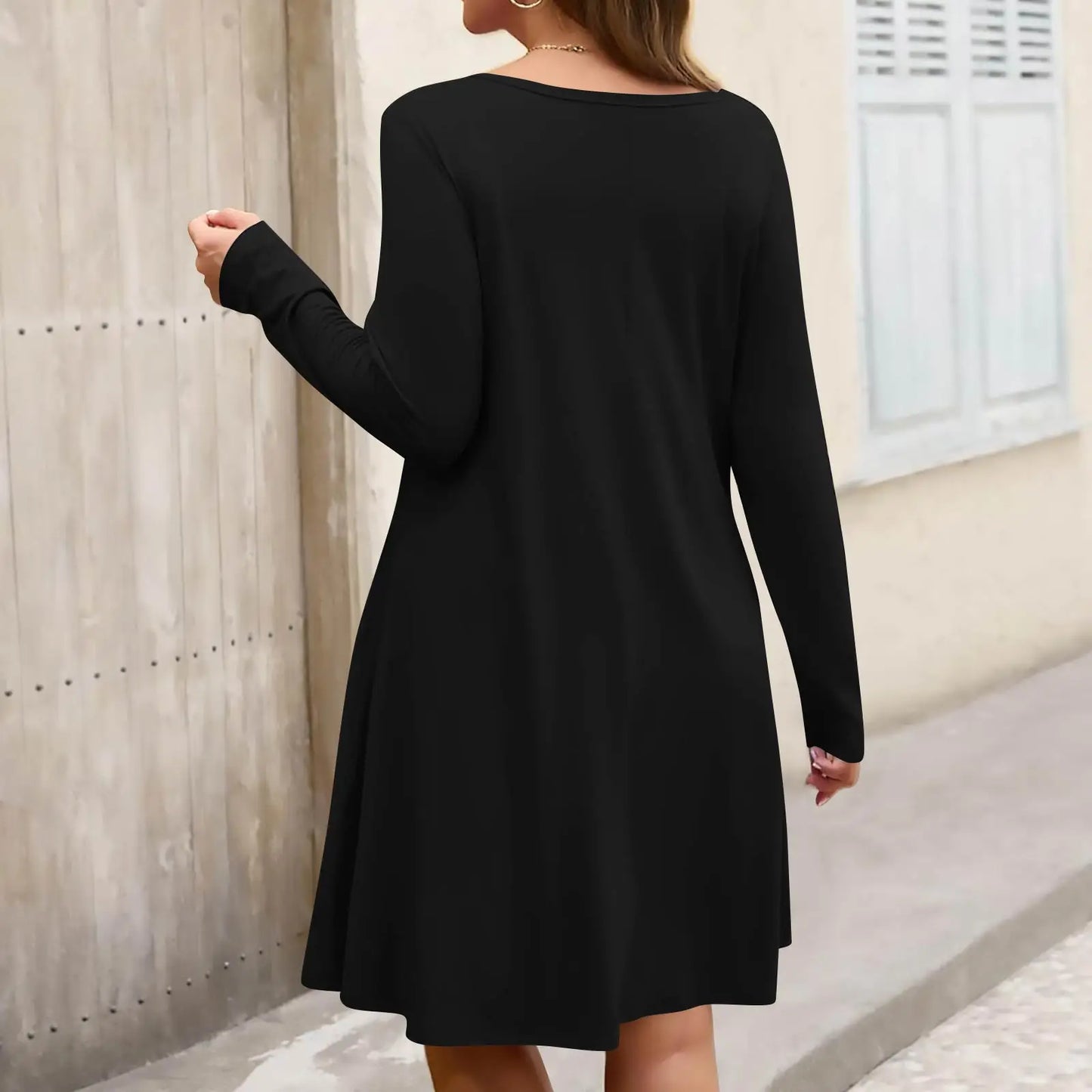 Plus Size Dress for Women Solid-Colour Casual Dress Spring/Autumn Pocket Round Neck Long-Sleeved Dresses vestidos femenino