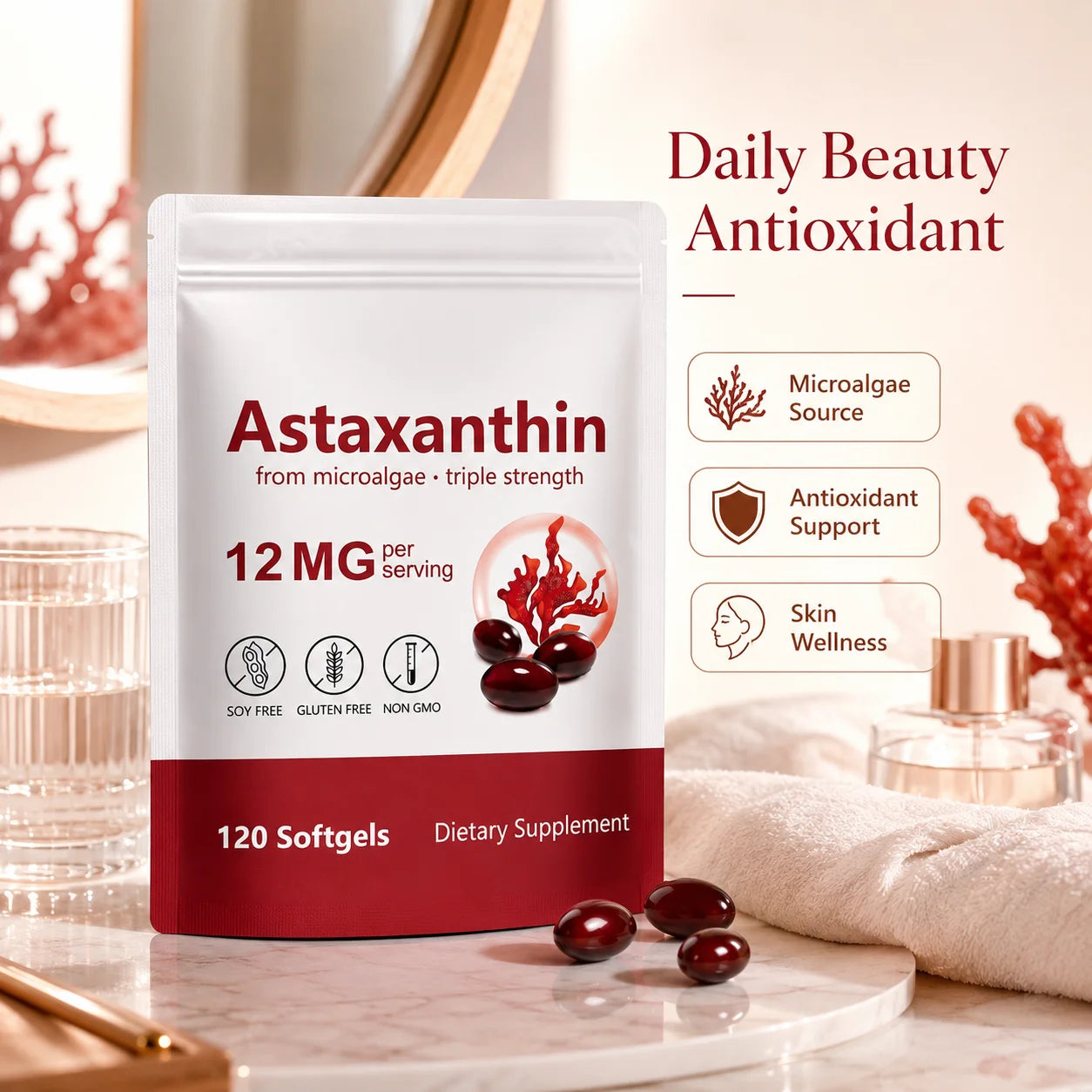 Astaxanthin Softgels Triple Strength From Microalgae Supports Healthy Aging Promotes Collagen Supports Skin Barrier 120 Softgels