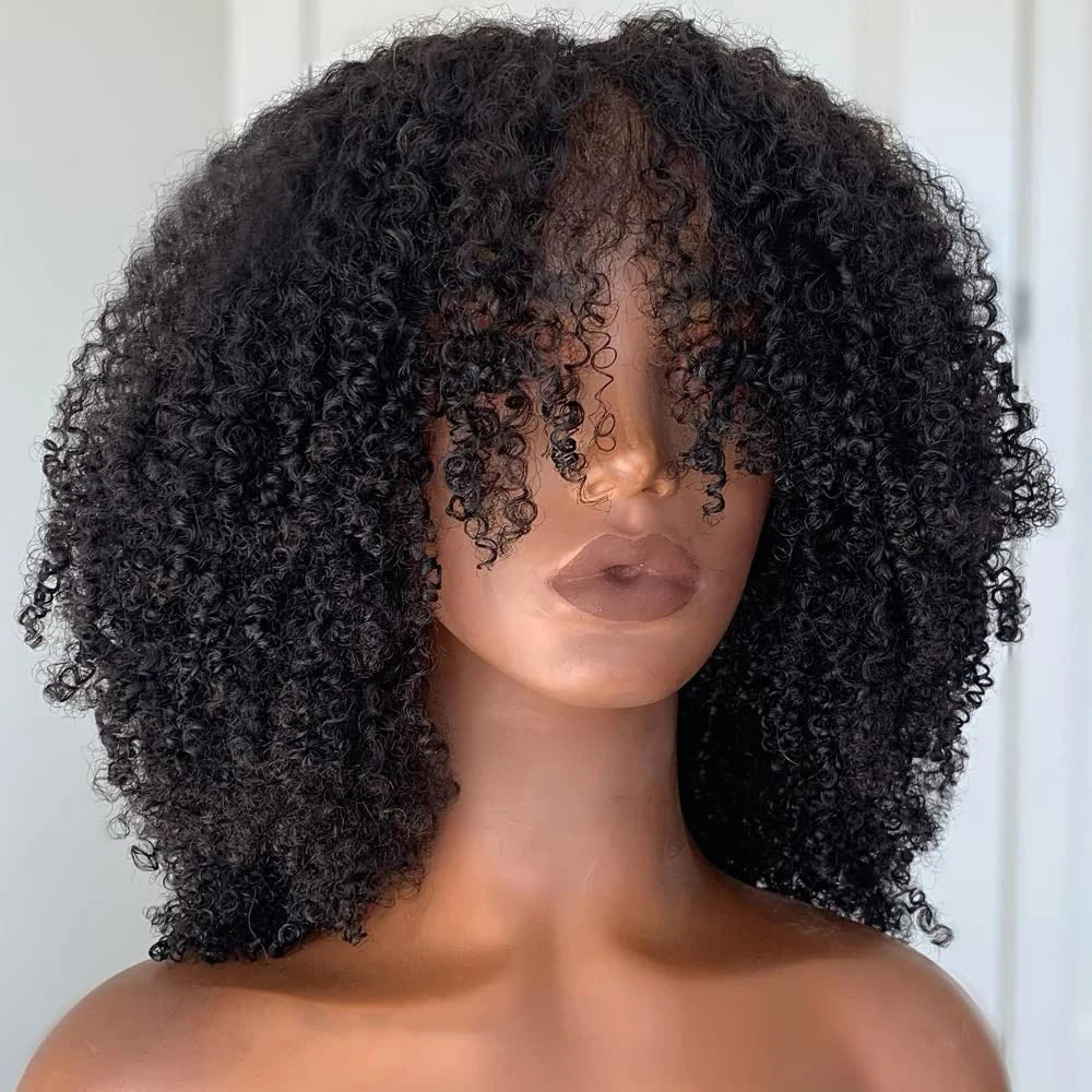 Mongolian Afro Kinky Curly Human Hair Wigs with Bangs Wear To Go Glueless Wig Remy Brazilian Short Curly Bangs Wig Human Hair