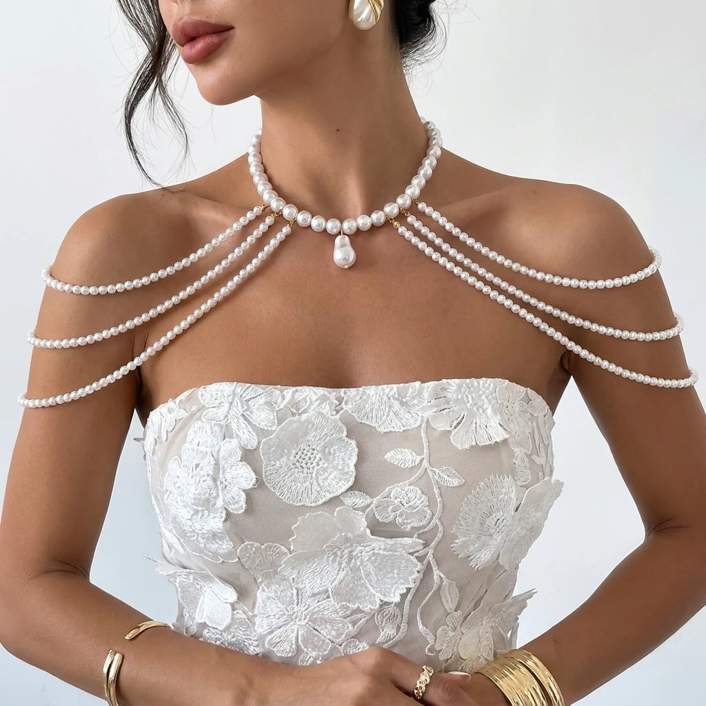 Elegant Multi-Layered Pearl Shoulder Chain Necklace for Women Luxury Wedding Dinner Body Chain Bridal Accessory