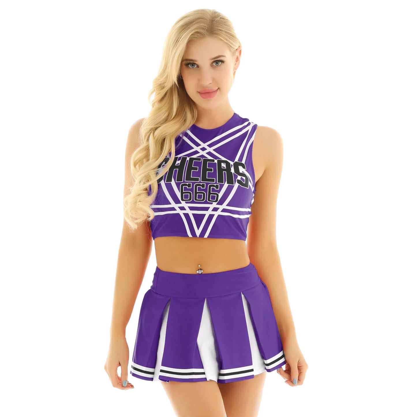 Women's Cheerleader Cosplay Costume Uniform Outfit Stand Collar Crop Top with Mini Pleated Skirts Carnival Cheerleading Suit